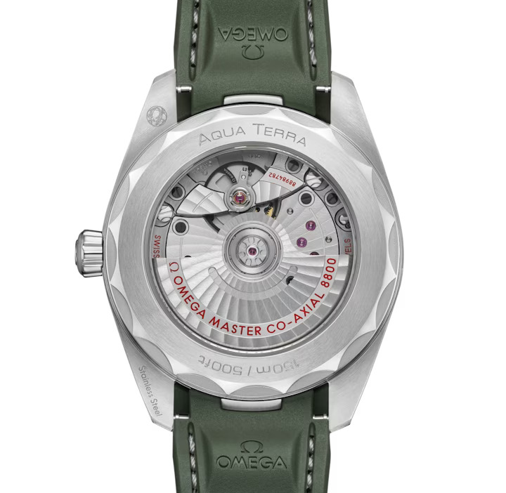 Caseback on OMEGA Seamaster Aqua Terra 150m, 38mm with Green Rubber Strap